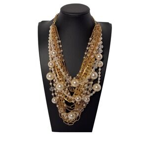 Carolee multi strand faux pearls, crystals & gold toned chains necklace EUC